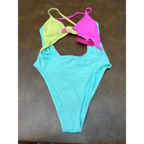 Junior's Ribbed Colorblock Tie-Front One Piece Swimsuit - Xhilaration Multicolor - Picture 3 of 7